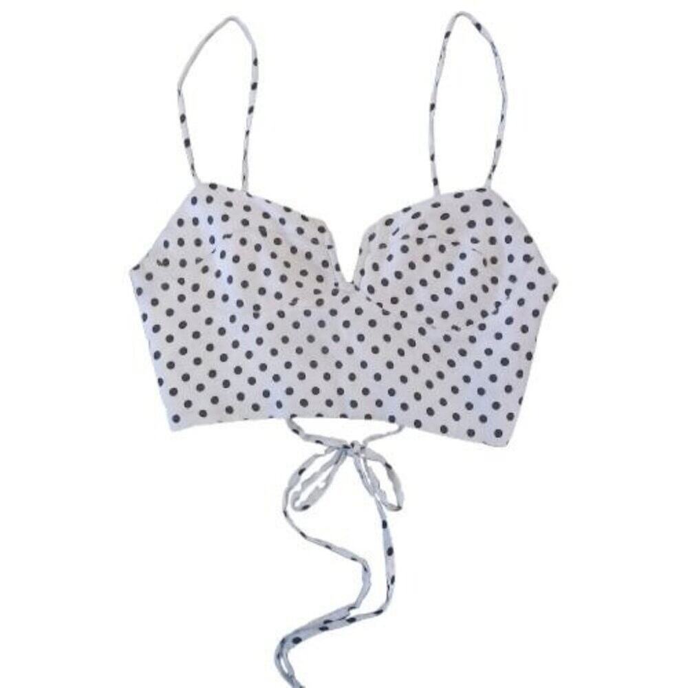 URBAN OUTFITTERS | Black + White Polka Dot Sweetheart Lace Up Crop Top Retro XS